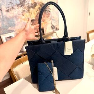 NWT Denim Darkwash Quilted Tote with matching phone caddy crossbody